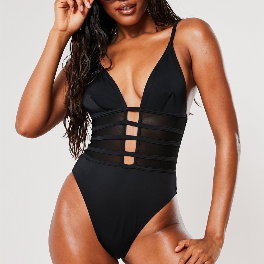Misguided Black high leg plunge swimsuit